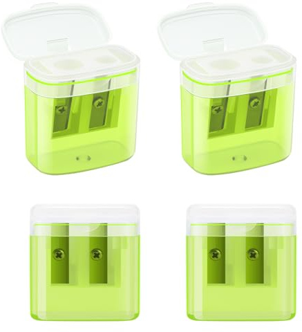 JEFURE Pencil Sharpeners with Container, 4 Pcs, Dual Holes, Yellow | Manual Sharpener with Lid, Fits Standard and Jumbo Pencils, for Students, Adults, School, Home & Office