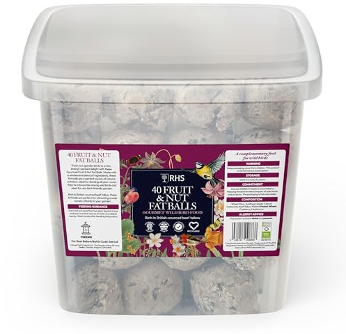 RHS Gourmet Fruit & Nut Fat Balls for Wild Birds, 40 Tub - High-Energy Suet Feed with British-Sourced Beef Tallow - Complementary Bird Food - Sustainably Sourced & Manufactured In The UK