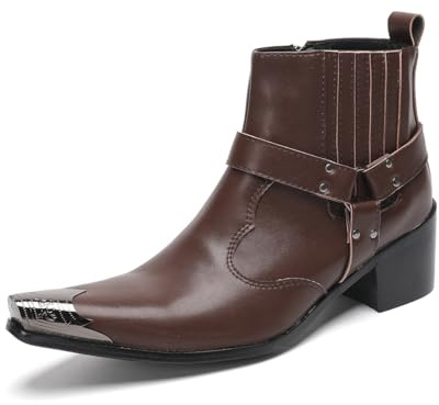 Yhsdfcn Botines Western de Cuero Marrón para Hombre - Punta Estrecha con Refuerzo Metálico y Hebilla Elegante,Marrón,46 EU