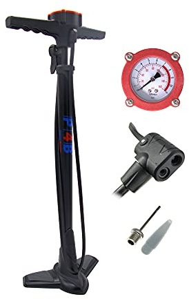 P4B | Luftpumpe in schwarz mit rundem Manometer + Adapter für Luftmatratze + Ballnadel | Fahrradpumpe für alle Ventile - Dunlop Ventil, Französisches Ventil, Auto Ventil | Standpumpe 11 bar/160 psi