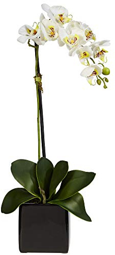 Nearly Natural 20in. Orchid Artificial Arrangement in Black Planter, White