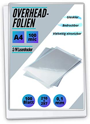 100 OHP-Folien A4 für Laserdrucker und S/W-Kopierer - transparent glasklar - PREMIUM Overheadfolien für beste Druck- und Projektions-Qualität