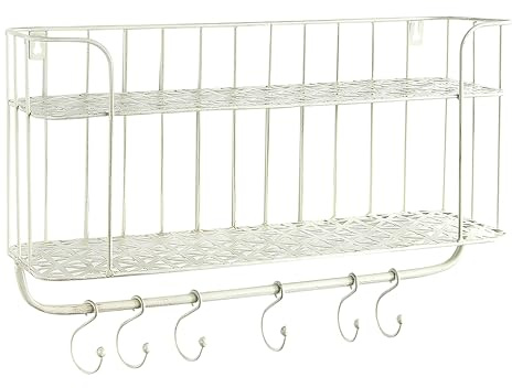 Kobolo Wandregal Hängeregal Küchenregal - 6 Haken - Metall - Weiß Creme - 50x16x34 cm