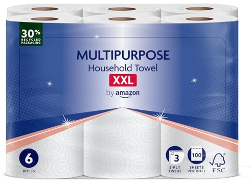 by Amazon Multipurpose Kitchen Roll, 3-Ply, XXL Household Towel, 6 Rolls (Pack of 1), 100 Sheets per Roll, FSC Certified