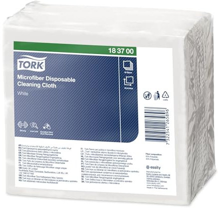 TORK Paquet de 40 chiffons de nettoyage Microfibre à usage unique. Couleur: Blanc imprimé bleu