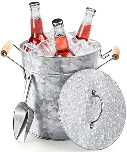 Frcctre 3 Liter Galvanized Party Tub Ice Bucket with Handles, Scoop and Lid, Silver Metal Chilling Drink Tub Set for Bar, Party, Barbecue, Great for Indoor and Outdoor Use