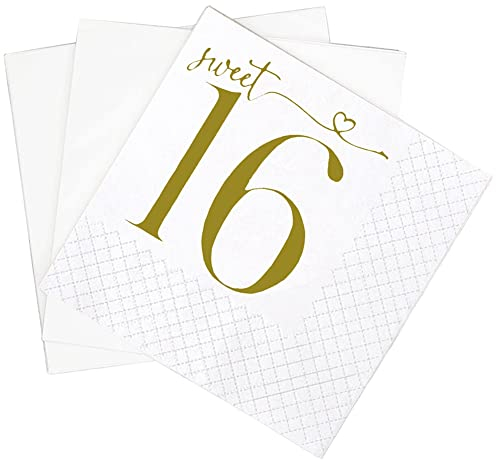 SharkBliss Sweet 16 Happy Birthday Cocktail-Servietten, 100 Stück Gold Sweet 16 Happy Birthday Papierservietten in Großpackung für Sie 16. Geburtstag, 2-lagig, 12,7 x 12,7 cm (Sweet 16 Servietten)