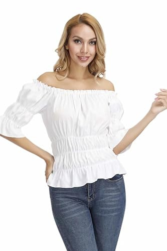 Josamogre Chemiser Femme Medieval Retro Vintage Renaissance Gothique Bouffantes Manche Court Col Bateau Blouse Epaule Nue Bustier Steampunk Blanc 6XL