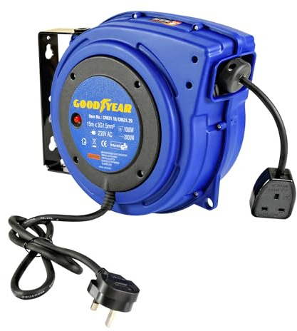 Goodyear Retractable Extension Cable Reel, 15m x 3G1.5mm2, H07RN-F UK Plug