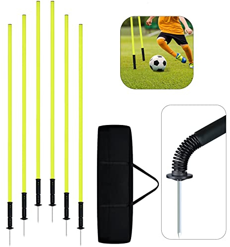 LZQ Slalom Poles - Set di aste da allenamento Slalom Poles Agility da 1,5 m, giunto a molla rimovibile, con borsa per il trasporto e punta in metallo per allenamento di coordinazione (giallo, 6 aste)