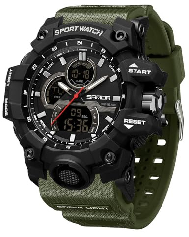 FANMIS Men's Solar Powered Casual Quartz Wrist Watch Analog Digital Multifunctional Black Sports Watch (X Army Green)