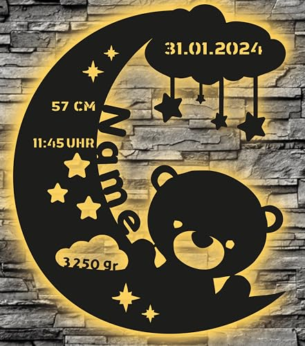 WALUNA® Teddy Taufgeschenk LED Nachtlampe für Kinderzimmer Baby Geschenk personalisiert mit Name, Datum, Uhrzeit und Große zur Konfirmation für Mädchen & Jungen in 12 Holzarben