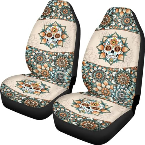 ZIATUBLES Automotive Accessories 2 Pcs Car Seat Covers for Front Cushion & Backrest Protector Bohemian Floral Skull Print Breathable Vehicle Seat Decorative Cover Fit Most Sedan