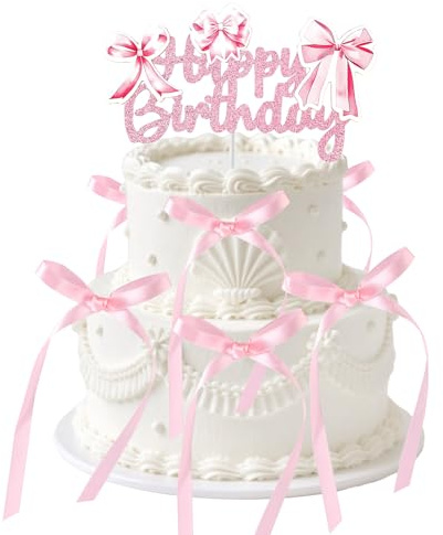 lasuroa Décoration de Gâteau D'anniversaire Rose avec Nœud Papillon pour Princesse Fête Prénatale Enterrement vie Jeune Fille ou de Jeune Fille