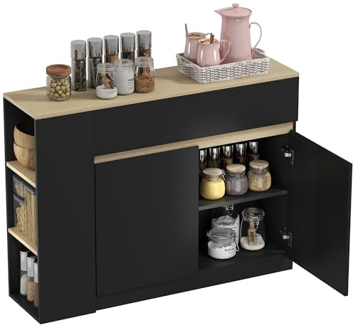 HOMCOM Buffet, Meuble de Rangement, avec Placard 2 Portes, étagère réglable, 2 tiroirs, 3 étagères Ouvertes, 110 x 29,5 x 82 cm, pour Salle à Manger, Salon, Cuisine, Noir