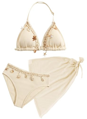 SEAUR Conjunto de bikini para niña, 3 piezas, traje de baño con falda, moderno, decoración de conchas, traje de baño acolchado, 8-12 años