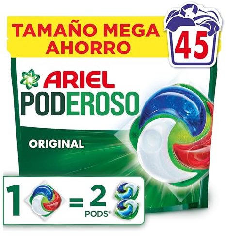 Ariel Pods PODEROSO Detergente lavadora capsulas | 45 Lavados | Original | POD GRANDE = 2 PODS | 2X eliminación de manchas y olores