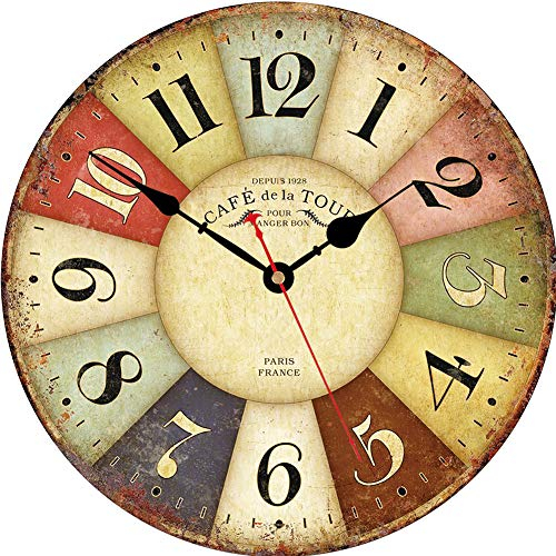 VIKMARI 14 Inch Silent Non-Ticking Wall Clock Retro Arabic Numerals Decorative Round Wooden Wall Clocks Home Decor Paris French Style Clock Battery Operated Indoor Rustic Clocks