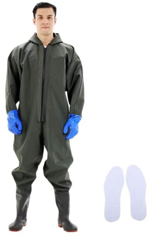 QTDZ Watstiefel Anglerhose für Herren Damen, Outdoor wasserdichte Watthosen Mit Regenkappe Jacke, Weich und rutschfest PVC Gummistiefel Dauerhaft Boot Schuhe,B,46 EU