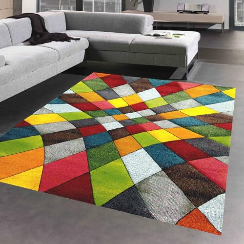 CARPETIA Abstrakt vardagsrumsmatta i modern design färgglada romber i gul grön orange - lättskött storlek 200 x 290 cm