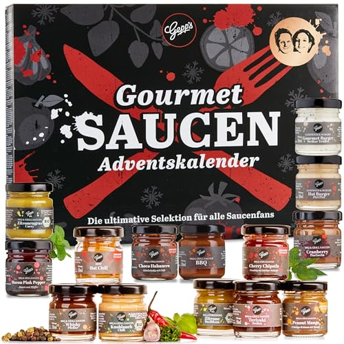 Gepp’s Feinkost Adventskalender Saucen I 24 ausgefallene Saucen von BBQ bis Sweet Chili I Kulinarischer Weihnachtskalender als besonderes Geschenk für Männer & Frauen I Perfekt für jeden Genießer