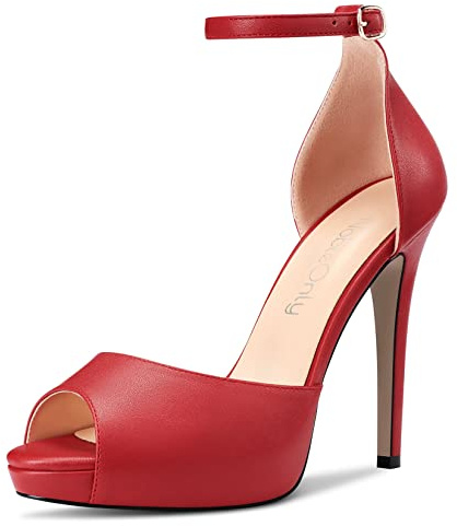 NobleOnly Femmes Aiguille Haut High Plate-Forme Talon Heel Ouvert Bout Sandales Lanières Cheville Boucle Mariage Sexy Dress Chaussures Rouge 39 EU