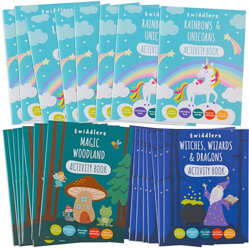 THE TWIDDLERS 24 Mini Livre de Coloriage & d'Activités pour Enfants - Licorne, Sorcières, Magiciens & Dragons, Forêt Magique - Cadeaux Invités, Pochettes Surprises, Anniversaire, Mariages