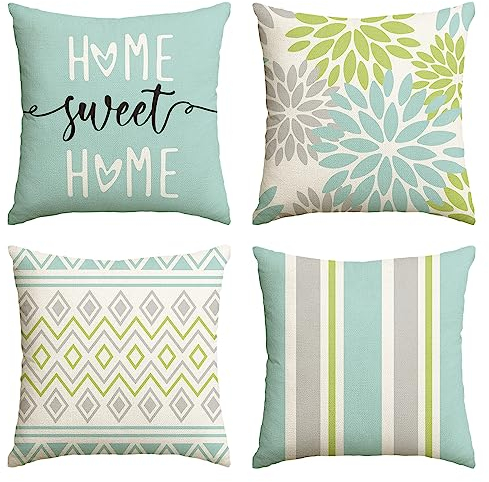 Artoid Mode Grün Dahlien Geometrisch Kissenbezüge 4er Set, 50x50 cm Frühling Zierkissenbezug Cushion Cover Couch Wohnzimmer Außenbereich Deko