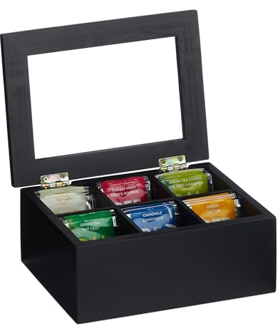 Relaxdays Caja de Té con 6 Compartimentos, Bambú, 9x21,5x16 cm, Bolsitas y Cápsulas, con Tapa, a Prueba de Polvo, Negro