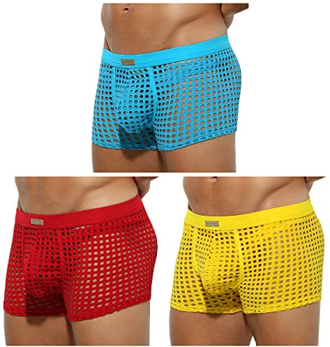 Casey Kevin Transparenta kalsonger för män sexiga kläder herr boxershorts herr transparent mesh underkläder, B2-röd/gul/blå (förpackning med 3), S
