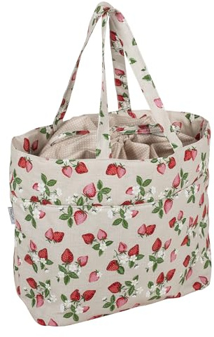 Hobby Gift Drawstring Large Knitting Bag - Crochet Bag Organiser Tote for Craft & Knitting Accessories, 100% Cotton & Multipurpose with Carry Handle for Travel - 39 x 32 x 32cm, Strawberries