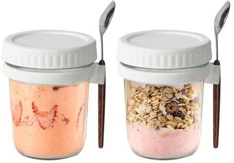 Aoyfuwell 2 pcs overnight oat cans, lid mason jars (10 oz), overnight oat cans with measurement marks and spoons for fruit cereal salad dessert overnight oat containers