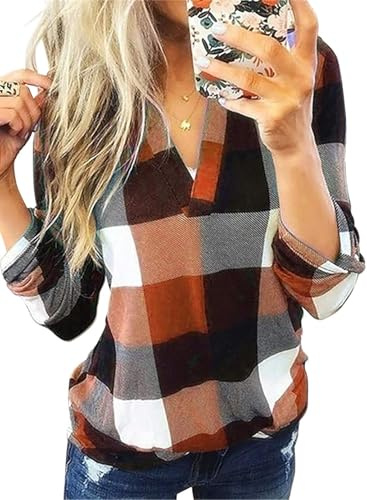 Cuptacc Camicia Donna Elegante A Quadri Maglietta Donna Maniche Lunghe Tunica Blusa Scollo A V Shirt Top Arancione 2XL
