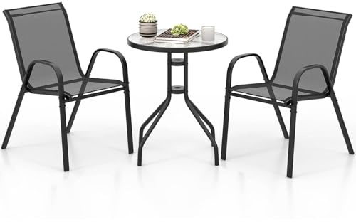 COSTWAY 3 Piece Patio Bistro Set, Garden Furniture Set with Glass Side Table and 2 Stackable Chairs, Outdoor Dining Table and Chairs Set for Balcony Backyard Poolside (Black)