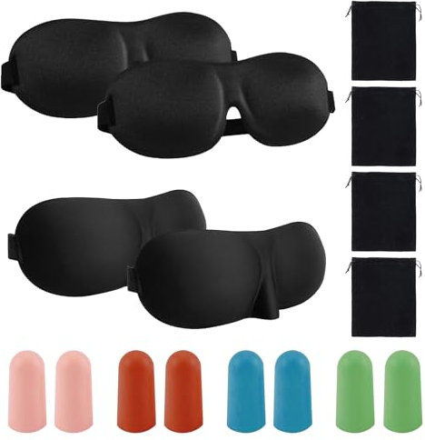 4 mascherine da notte con blocco della luce morbida, 4 paia di tappi per le orecchie per la cancellazione del rumore, bendaggio per gli occhi con 4 sacchetti di velluto, maschera per gli occhi per la