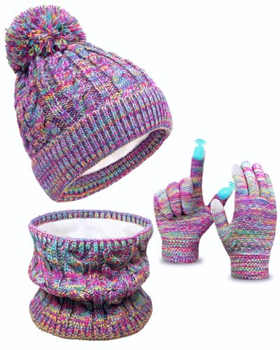 Kids Winter Hat Gloves Set with Scarf, Beanie Hat with Pom Knit Mittens Neck Warmer Fleece Lined for Aged 3-10 Girls Boys