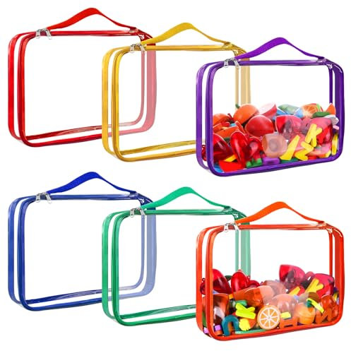 6 Colors Clear Toy Storage Bags PVC Organizing Bags with Zipper Reusable Waterproof Toy Bags with Handle, 12.6x9 inch Plastic Storage Bag for Board Games, Building Blocks, Puzzles