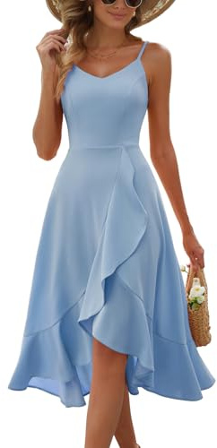 DRESSTELLS Cocktail Dresses for Women, Modest Formal Wedding Guest Aline Fit Flare Vintage Tea Party High Low Ruffle Petite Dress Blue S