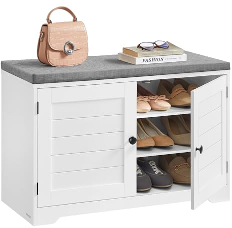 VASAGLE Banco Zapatero de 3 Niveles, con Puertas y Cojín, Estantes Ajustables, 35,5 x 81 x 52,5 cm, para Entrada, Dormitorio, Blanco Nube y Gris Paloma LSB034W01