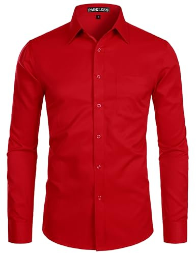 PARKLEES Camicia da uomo a manica lunga, tinta unita, Slim Fit, casual, da lavoro, formale, con bottone e tasca, Rosso, S