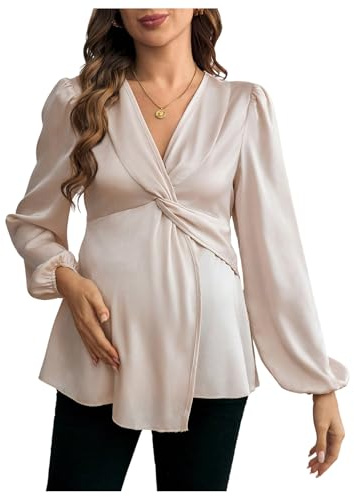 MakeMeChic Women's Maternity Blouse Work Clothes Pregnancy Twisted V Neck Lantern Sleeve Peplum Tops Apricot Medium