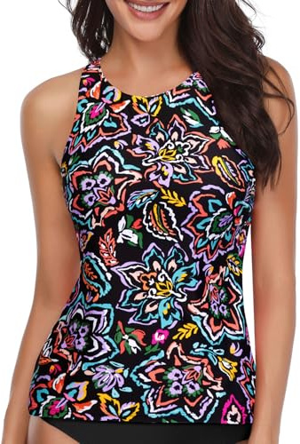 Holipick Colorful Paisley Tankini Tops for Women High Neck Bathing Suit Tops Tummy Control Tank Tops Swimsuits M