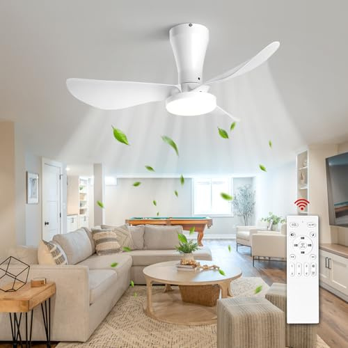 Hudi Fyier Ceiling Fan with Light and Remote,32 Inch White Flush Mount Low Profile Ceiling Fan, Dimmable Noiseless Reversible DC Motor Fan for Dinning Room Bedroom Living Room Basement Kitchen