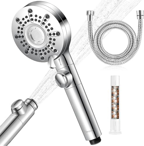 berssen Alcachofa de Ducha 5+1 Modos de Cabezal Ducha con Filtro, Botón Stop Apagado con un solo Toque, Modo Pistola de Agua, Filtro de Carbón Activo(Duchas de Baño+Manguera Ducha1.5m)