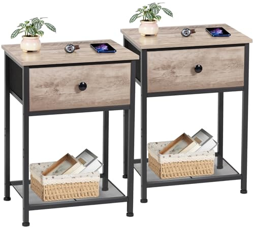 AMHANCIBLE Lot de 2 Tables de Chevet, Table de Nuit Industrielles, Gris