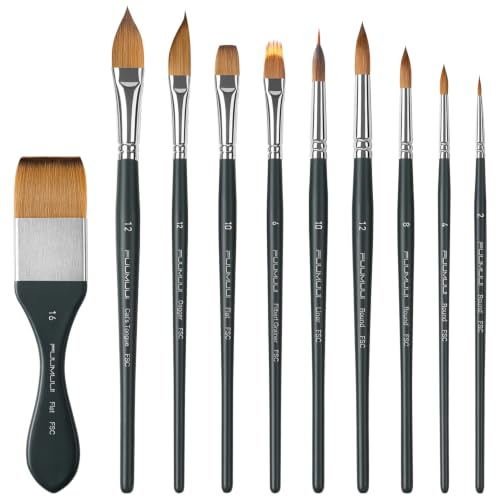 Fuumuui 10Pcs Watercolour Brushes Synthetic Sable Hair Brush Set | with Filbert Grainer, Extended Needle Point, Round, Flat, Cat's Tongue, Dagger for Watercolour Acrylic Gouache Inks