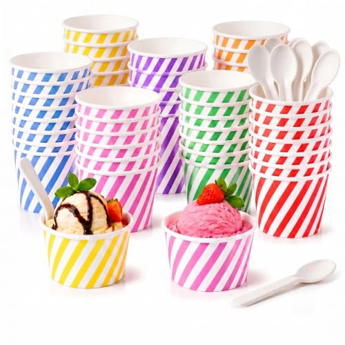 Fancysky glassbägare kartong 49 stycken med sked, färgglada dessertskålar 7 färger | 160 ml pappglassskålar för glass, desserter, pudding, yoghurt, godis