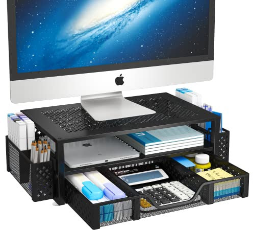 Simple Trending Supporto per monitor in metallo a 2 ripiani e organizer da scrivania per computer, con cassetto e portapenne, per computer portatile, computer, iMac, nero