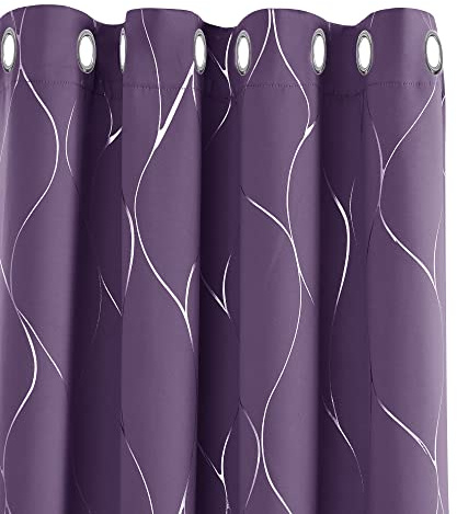 Deconovo Blackout Curtains, Eyelet Curtains, Wave Line Foil Printed Thermal Insulated Curtains for Girls Bedroom, 46 x 54 Inch(Width x Length),Purple Grape, one pair