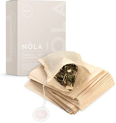 NOLA engångs tepåsar för löst te (100 stycken) – biologiskt nedbrytbar och återvinningsbar – med dragsko – 9,5 x 8 cm – även lämplig för tekannor, brun